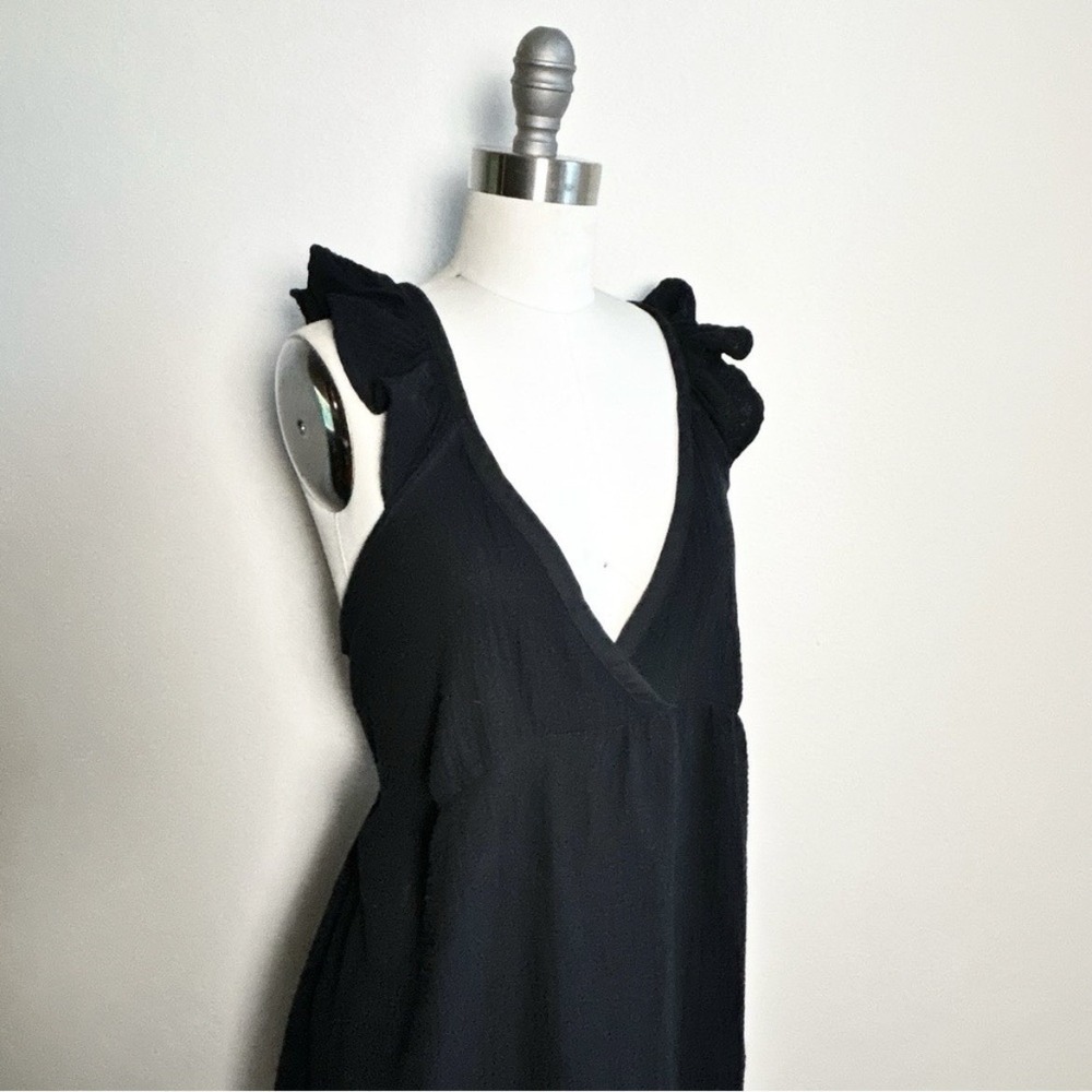 Magaschoni Black Organic Cotton Ruffle Strap V-Neck Capsule Maxi Dress Large NWT
